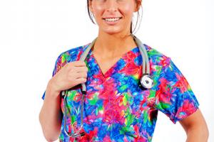 Nurse in pyjama looking scrubs 